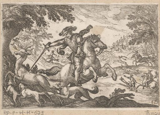 Man on horseback piercing a stag