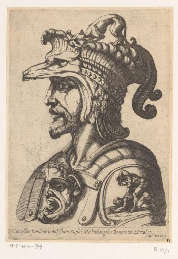 Bust of a man with helmet, turned to the left
