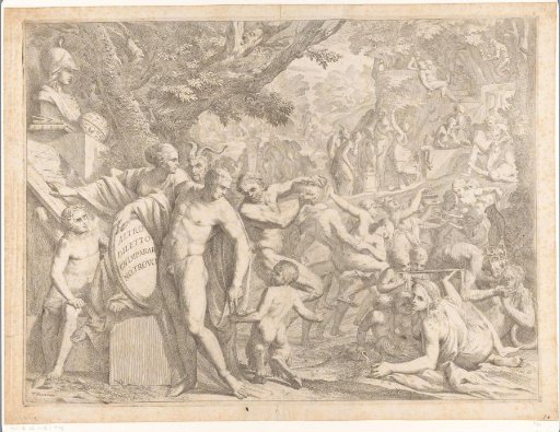 Young man with a bust of Minerva and dancing satyrs