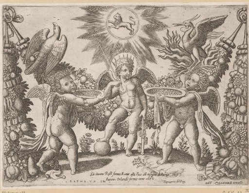 Three putti before a garland
