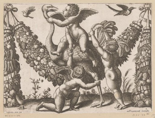 Three putti and an ostrich