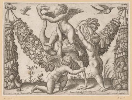 Three putti and an ostrich