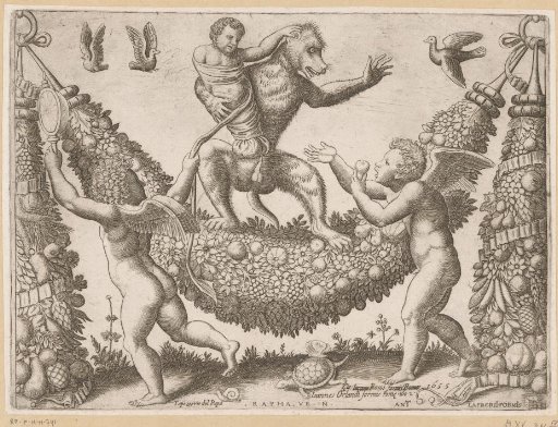 Putti mocking a monkey
