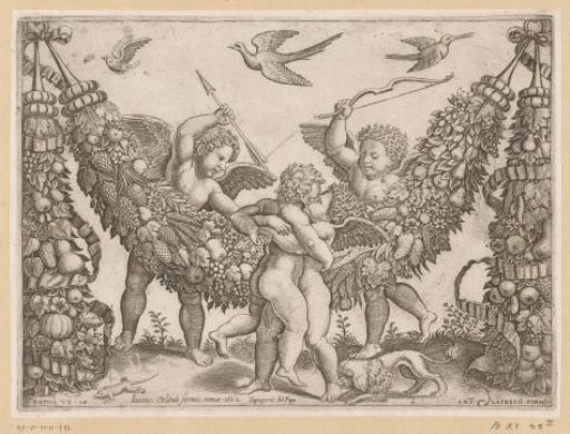 Three putti and a child by a garland