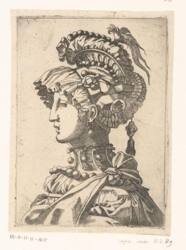 Woman with mask and fanciful headgear