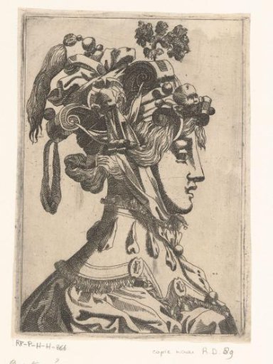 Woman with mask and fanciful headgear