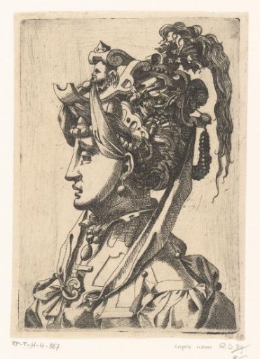 Woman with mask and fanciful headgear