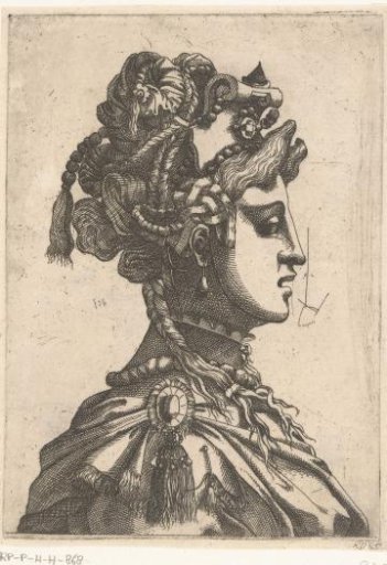 Woman with mask and fanciful headgear