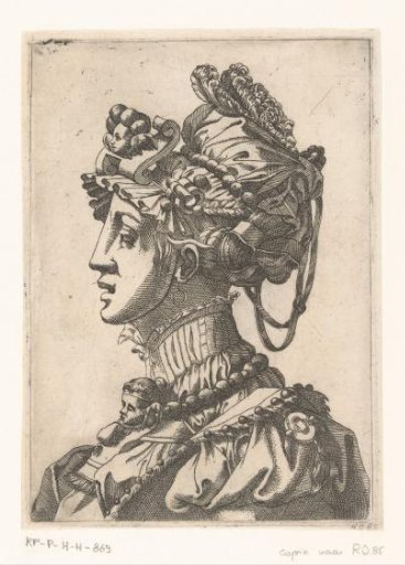 Woman with mask and fanciful headgear