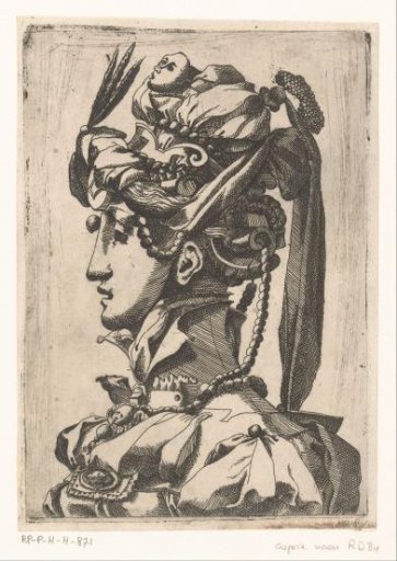 Woman with mask and fanciful headgear