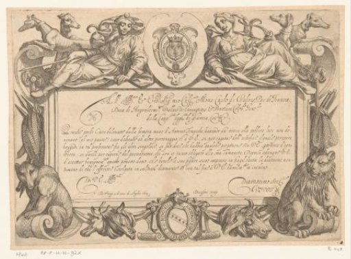 Cartouche with inscription, lion, bear, Diana, nymph and hunting dogs