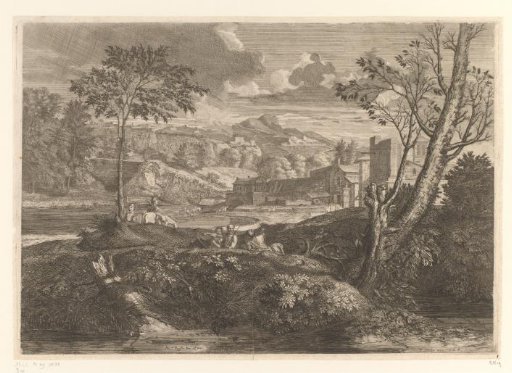 Landscape with three resting men and other figures on horseback