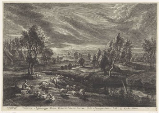 Landscape with shepherd and flock of sheep