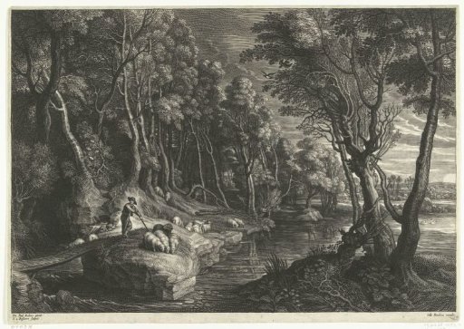 Landscape with a shepherd and flock of sheep by water