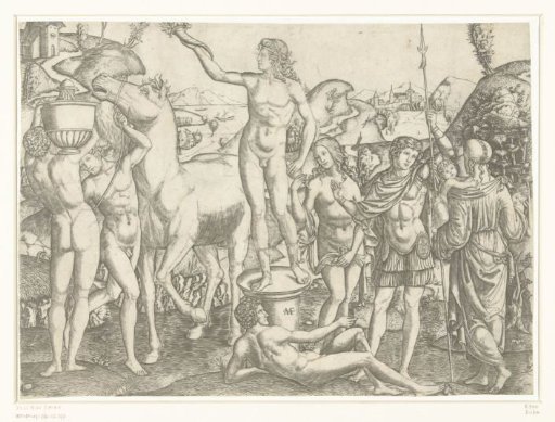 Naked Man with Torch Standing on a Pedestal Surrounded by Naked Men with Horse and Vase and Soldier Flanked by Virtues Prudence and Love