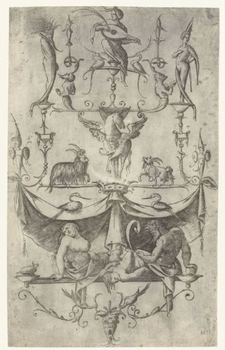 Ornamental Panel with a Child Lying Between a Young Woman and an Old Man, and Fantastic Animals and Figures