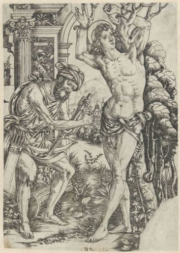 Saint Sebastian bound to a tree with a man with a crossbow beside him