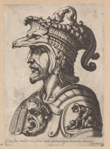 Bust of a man with helmet, turned to the left