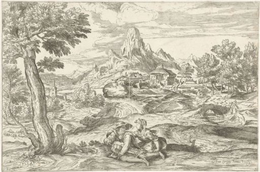 Mountainous landscape with a hurdy-gurdy player