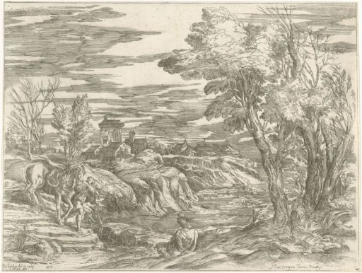 River landscape with a horse on a lead