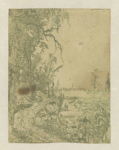 A Road Bordered by Trees, a City in the Background