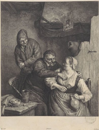 Tavern scene with three figures by a fireplace