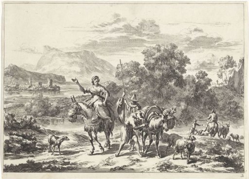 Shepherds and a young woman on a donkey