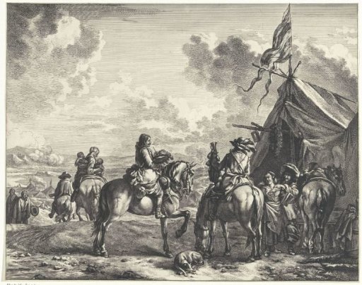 Soldiers by a tent with flag, pipe and wreath