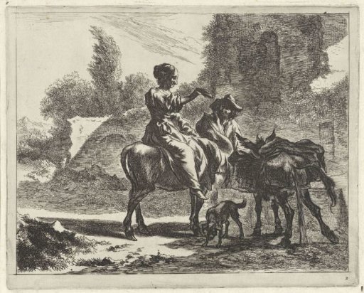 Shepherds and donkeys at a drinking trough