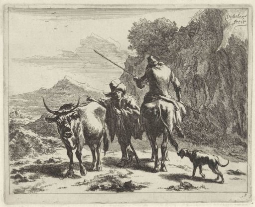 Standing shepherd talking to a shepherd on a donkey
