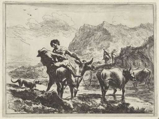 Shepherd and shepherdess on a donkey at a ford