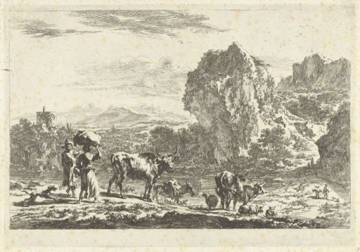Italian Mountain Landscape with Shepherd and Shepherdess by Riverbank