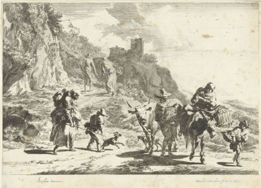 Woman on a pack mule, man with a cow and other travellers in a mountainous landscape