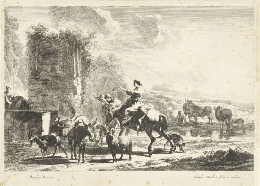 Shepherds with mules and cattle near a spring in a mountainous landscape