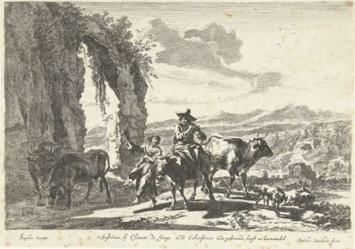 Shepherds with cattle near a ruin in a mountainous landscape