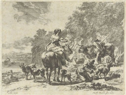 Landscape with a woman on horseback and a shepherdess milking a goat