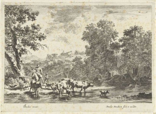 Italian landscape with a shepherd on horseback and cattle by a river