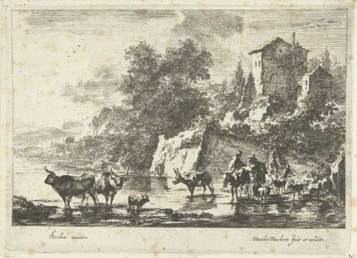 Italian landscape with shepherds, cows and donkeys in the water