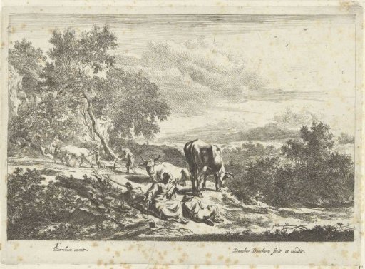 Italian landscape with a spinning woman and a ploughing farmer