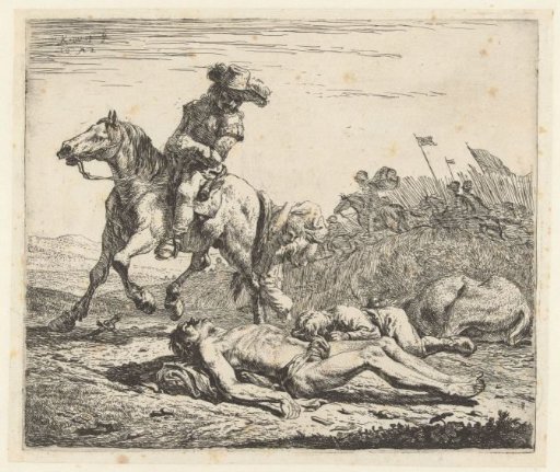 Battlefield with a soldier on horseback and two dead bodies