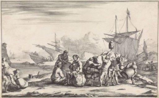 Sailors on the waterfront and men loading a donkey