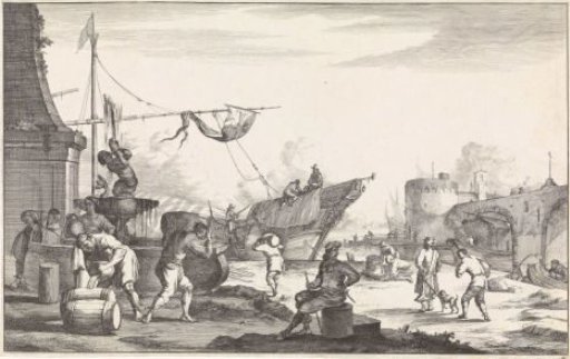 Harbour with various people around a fountain