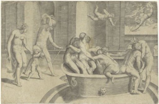 Men and women in a large bath tub
