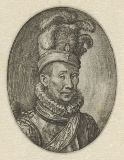 Portrait of a man with a tall hat with feathers