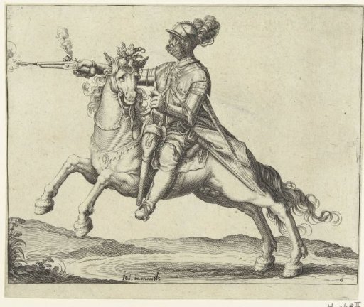 Horseman firing a shot with a pistol