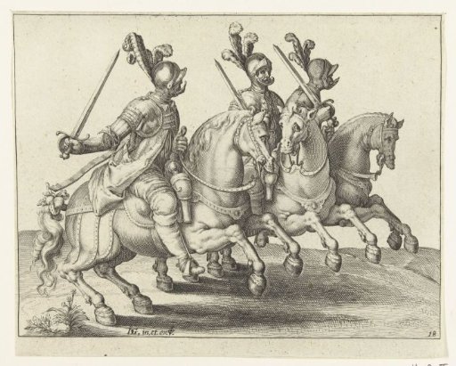 Three horsemen with drawn swords, facing left