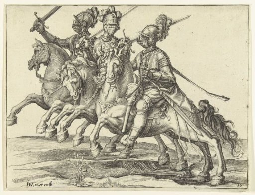 Three horsemen with raised swords, facing right