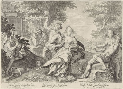 Five Foolish Virgins dancing and courting in a landscape
