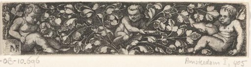 Frieze with three children sitting among leafy scrolls