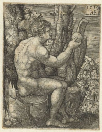 Adam seated on a tree stump with an apple in his hand